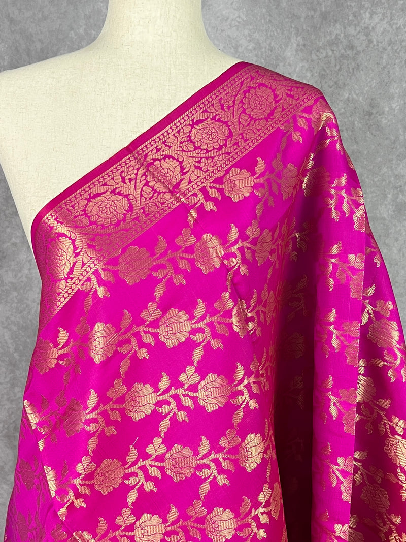 Hot Pink Soft Silk floral Banarasi Dupatta with Gold Zari Weaving | Handmade Dupattas | Banarasi Soft Silk Dupattas | Dupatta for Lehenga