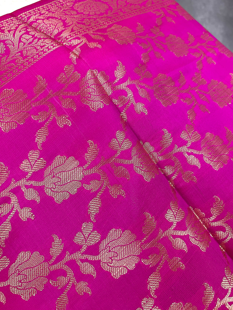 Hot Pink Soft Silk floral Banarasi Dupatta with Gold Zari Weaving | Handmade Dupattas | Banarasi Soft Silk Dupattas | Dupatta for Lehenga
