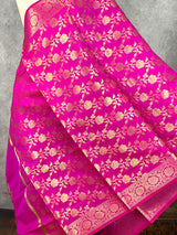 Hot Pink Soft Silk floral Banarasi Dupatta with Gold Zari Weaving | Handmade Dupattas | Banarasi Soft Silk Dupattas | Dupatta for Lehenga
