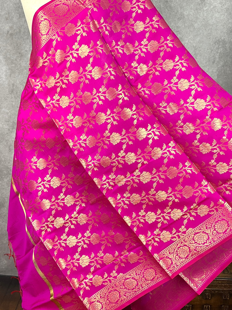 Hot Pink Soft Silk floral Banarasi Dupatta with Gold Zari Weaving | Handmade Dupattas | Banarasi Soft Silk Dupattas | Dupatta for Lehenga