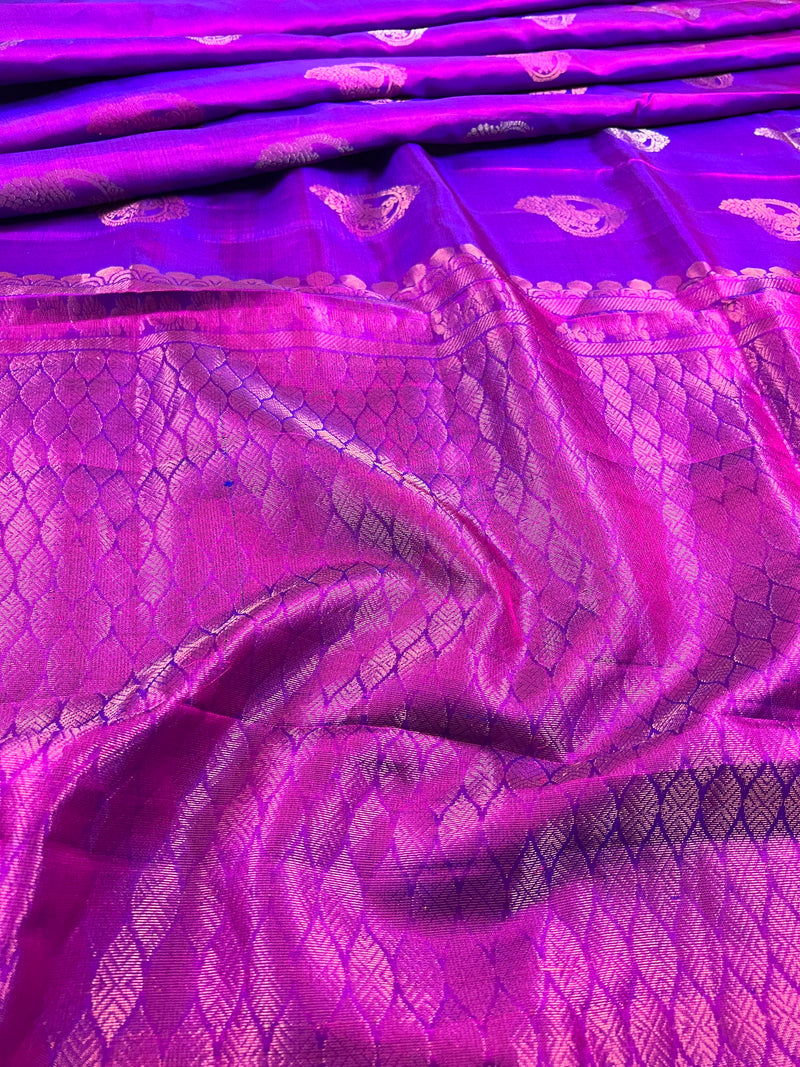 Purple Pure Kanjivaram Soft Silk Handloom dual tone Saree with Peacock Motifs in muted Zari Work in Sliver and Gold | SILK MARK CERTIFIED