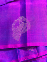 Purple Pure Kanjivaram Soft Silk Handloom dual tone Saree with Peacock Motifs in muted Zari Work in Sliver and Gold | SILK MARK CERTIFIED
