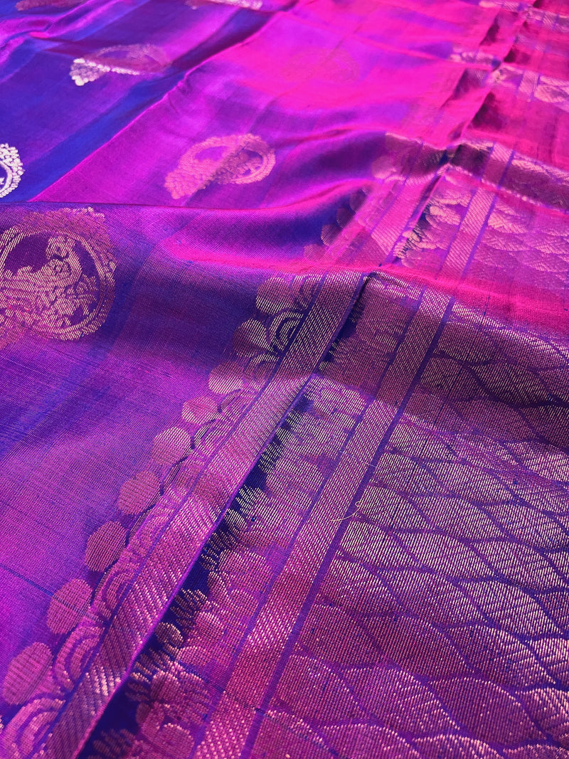 Purple Pure Kanjivaram Soft Silk Handloom dual tone Saree with Peacock Motifs in muted Zari Work in Sliver and Gold | SILK MARK CERTIFIED