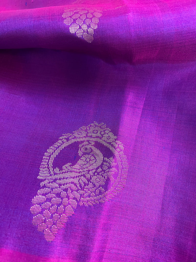 Purple Pure Kanjivaram Soft Silk Handloom dual tone Saree with Peacock Motifs in muted Zari Work in Sliver and Gold | SILK MARK CERTIFIED