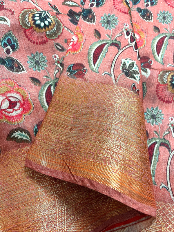 Statement Handmade Pure Banaras Cotton Silk Kalamkari Saree in Coral Peach Color with Banarasi Borders | Kalamakari Saree