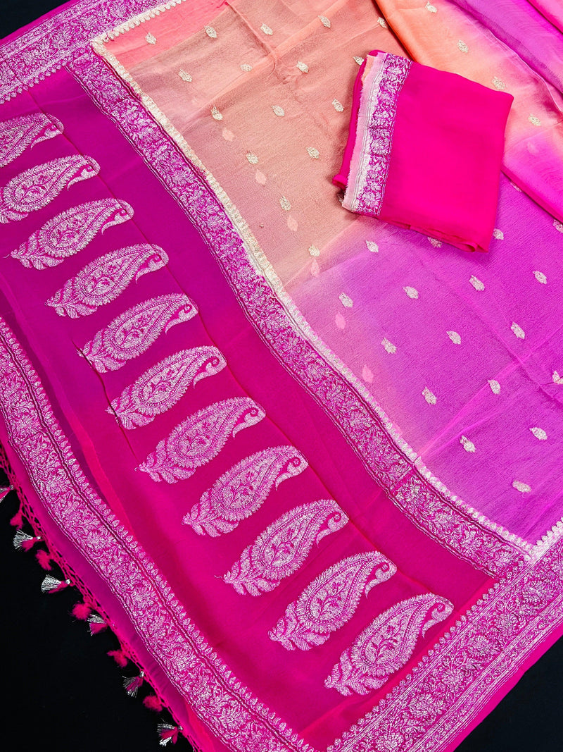 Alia Bhatt Inspired Hot Pink Pure Chiffon Silk Saree with Sliver Zari Work | Multi Color Shades | SILK MARK CERTIFIED | Party Wear Sarees - Kaash