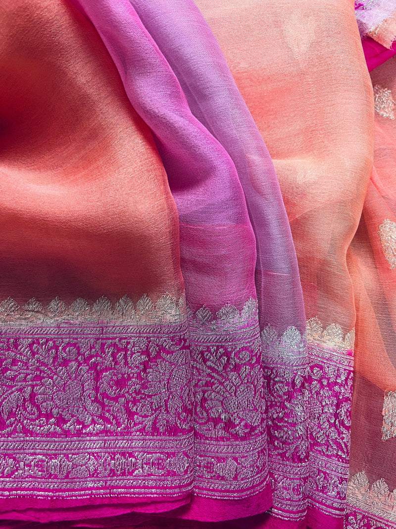 Alia Bhatt Inspired Hot Pink Pure Chiffon Silk Saree with Sliver Zari Work | Multi Color Shades | SILK MARK CERTIFIED | Party Wear Sarees - Kaash