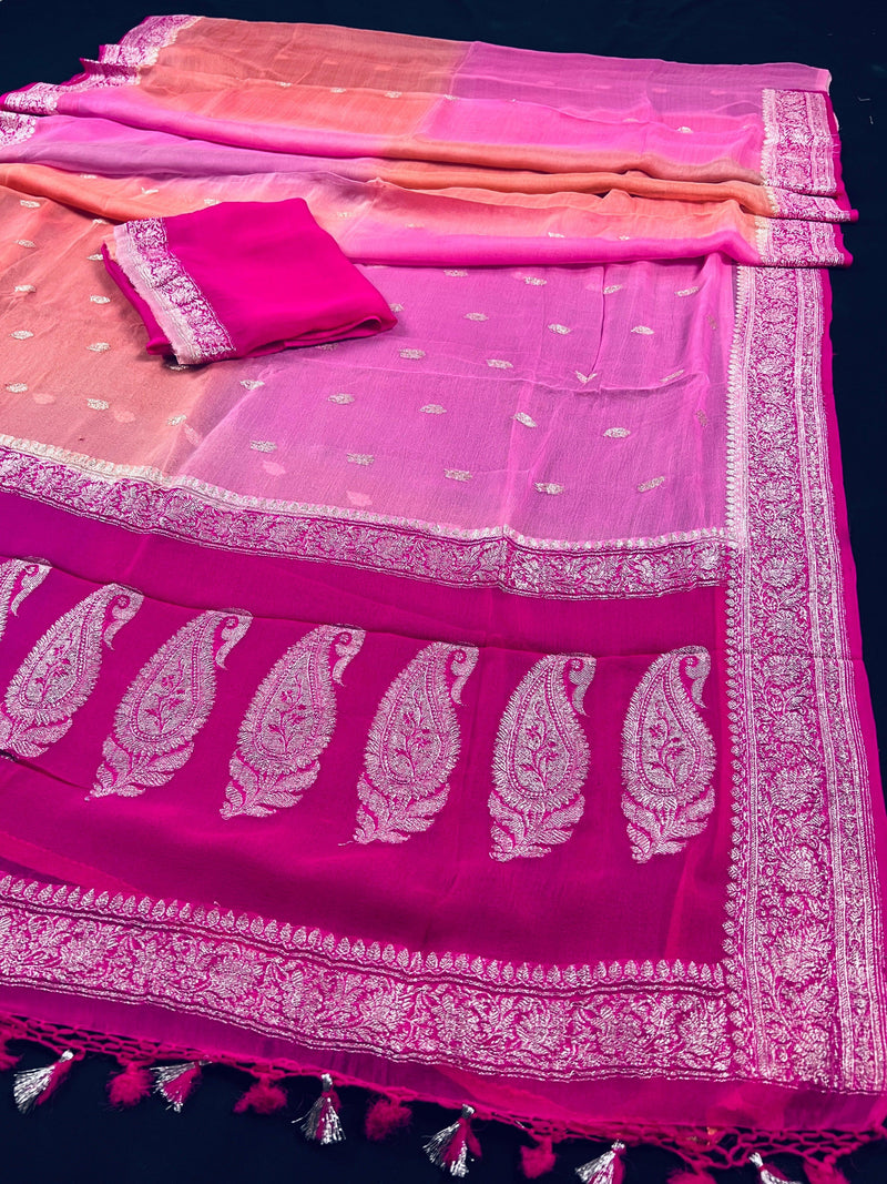 Alia Bhatt Inspired Hot Pink Pure Chiffon Silk Saree with Sliver Zari Work | Multi Color Shades | SILK MARK CERTIFIED | Party Wear Sarees - Kaash
