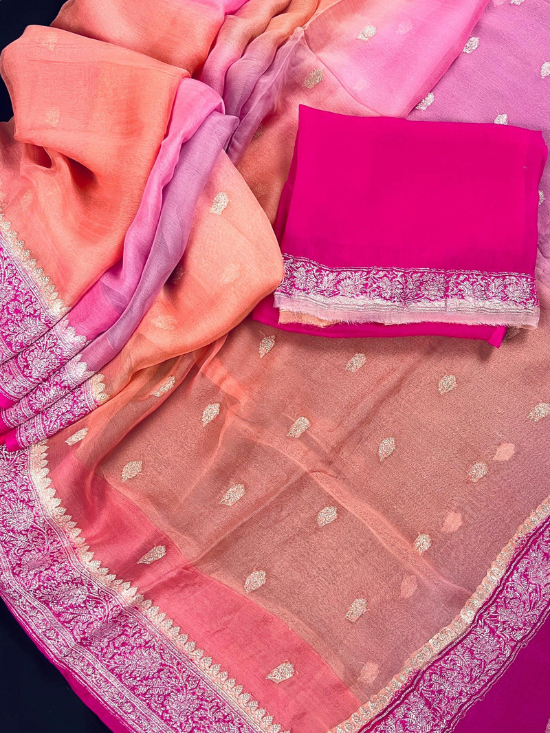 Alia Bhatt Inspired Hot Pink Pure Chiffon Silk Saree with Sliver Zari Work | Multi Color Shades | SILK MARK CERTIFIED | Party Wear Sarees - Kaash