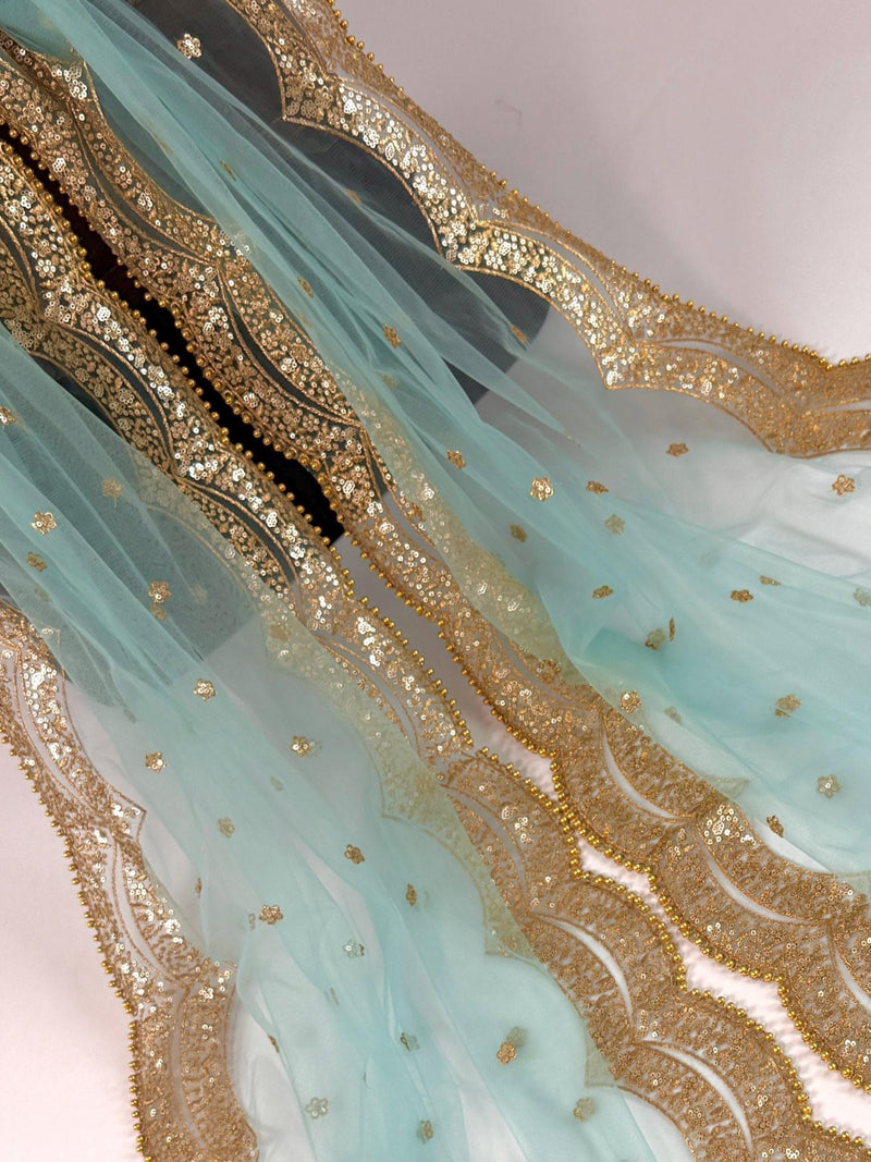 Aqua Blue net dupatta with gold zari, sequin & beads — Kaash Collection