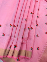 Baby Pink Color Cotton Saree with small Embroidery floral and tissue borders and Pallu | Cotton Sarees - Kaash