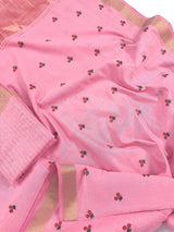 Baby Pink Color Cotton Saree with small Embroidery floral and tissue borders and Pallu | Cotton Sarees - Kaash