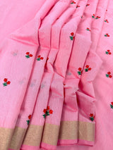 Baby Pink Color Cotton Saree with small Embroidery floral and tissue borders and Pallu | Cotton Sarees - Kaash