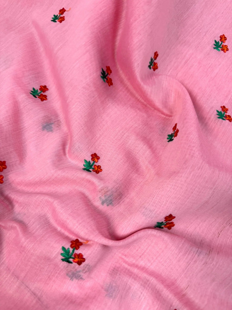 Baby Pink Color Cotton Saree with small Embroidery floral and tissue borders and Pallu | Cotton Sarees - Kaash