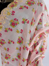 Baby Pink soft organza dupatta with embroidery, sequin, zari & floral prints — Kaash Collection