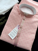 Baby Pink Men Kurta Pajama with Zari Weave work and Self Embroidery - Kaash