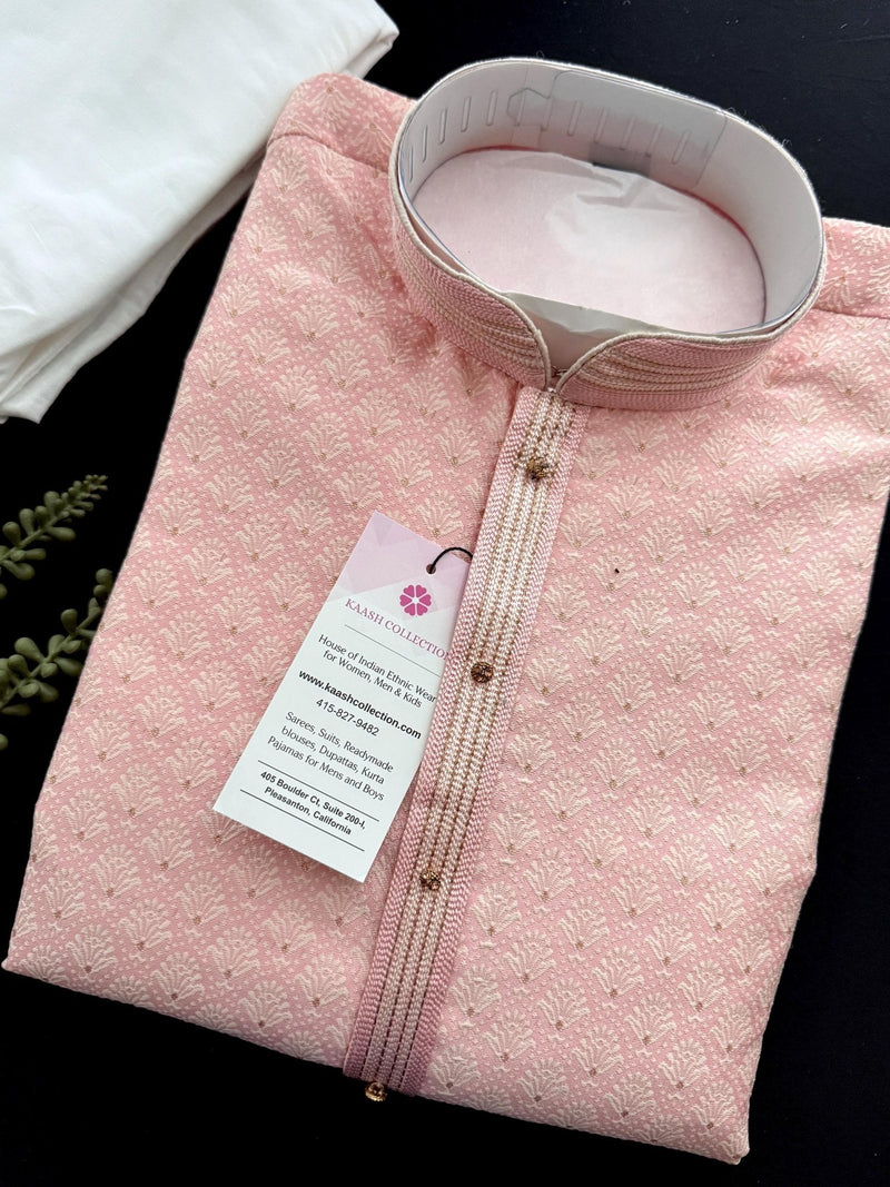 Baby Pink Men Kurta Pajama with Zari Weave work and Self Embroidery - Kaash