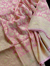 Baby Pink Pure Khaddi Georgette Banarasi Saree with Muted Gold Zari | SILK MARK CERTIFIED - Kaash