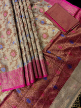 Dark Beige Banarasi Semi Soft Tissue saree in banarasi semi soft silk tissue with antique zari with meenakari & banarasi borders — Kaash Collection