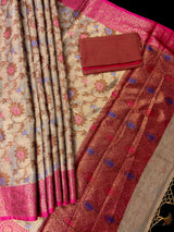Dark Beige Banarasi Semi Soft Tissue saree in banarasi semi soft silk tissue with antique zari with meenakari & banarasi borders — Kaash Collection