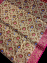 Dark Beige Banarasi Semi Soft Tissue saree in banarasi semi soft silk tissue with antique zari with meenakari & banarasi borders — Kaash Collection