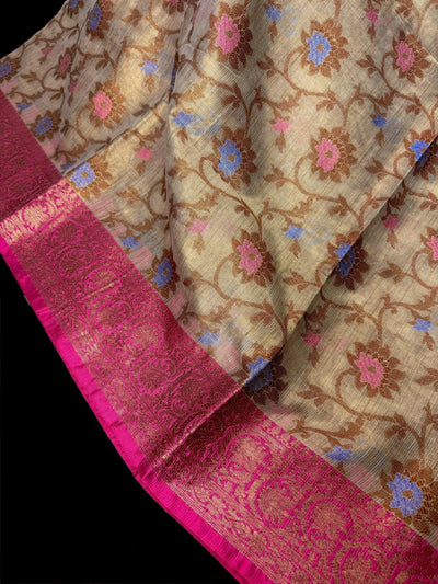 Dark Beige Banarasi Semi Soft Tissue saree in banarasi semi soft silk tissue with antique zari with meenakari & banarasi borders — Kaash Collection