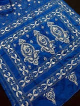 Royal Blue with White Kantha hand Kantha stitch saree on Bangalori silk — Kaash Collection