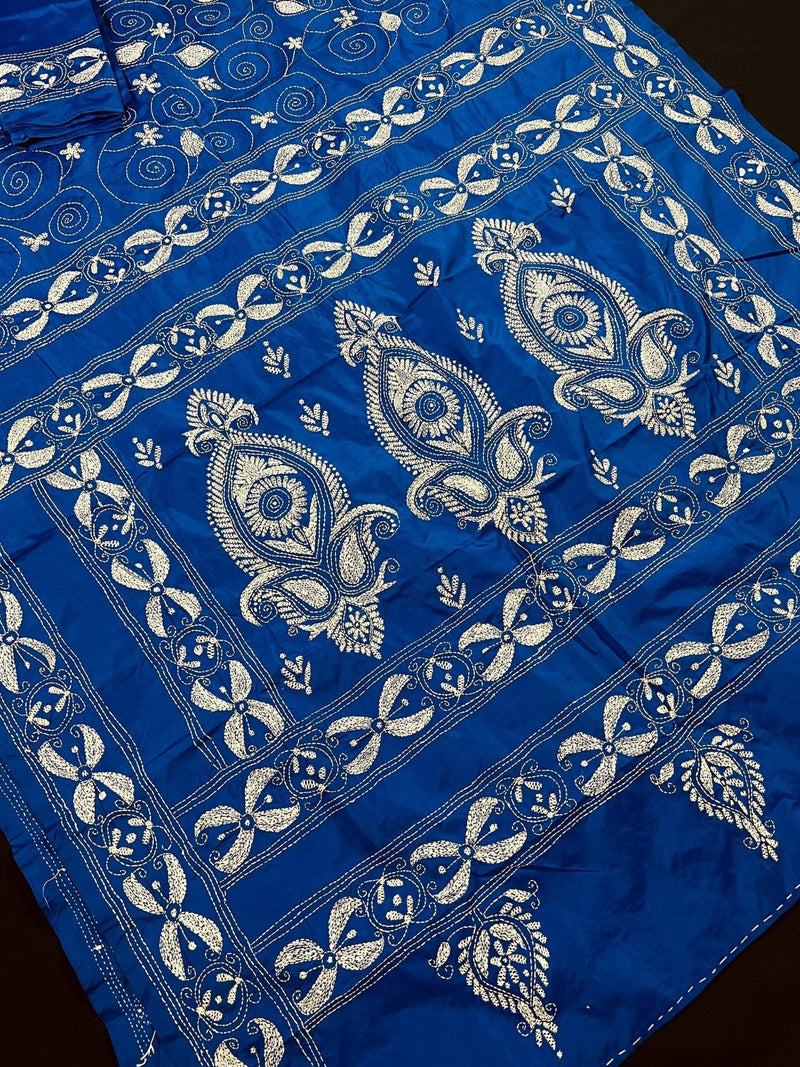 Royal Blue with White Kantha hand Kantha stitch saree on Bangalori silk — Kaash Collection