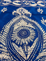 Royal Blue with White Kantha hand Kantha stitch saree on Bangalori silk — Kaash Collection