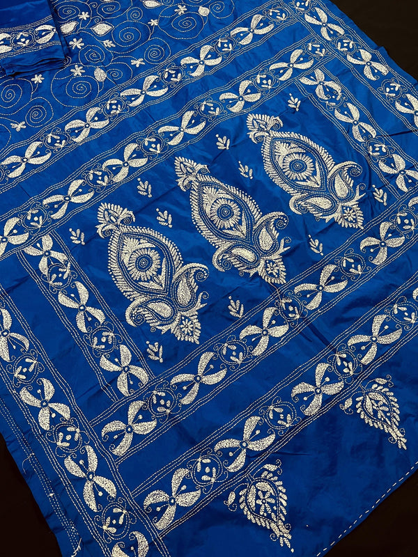 Bangalori Silk Saree with Hand Kantha Stitch in Royal Blue Color | Handwoven Kantha Stitch Sarees | Kantha Saress | Silk Sarees - Kaash