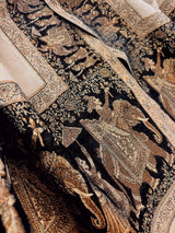 Beige and Black wool Kashmiri shawl with gold & copper resham aari thread work — Kaash Collection