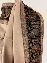 Beige and Black wool Kashmiri shawl with gold & copper resham aari thread work — Kaash Collection