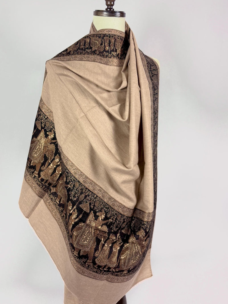 Beige and Black wool Kashmiri shawl with gold & copper resham aari thread work — Kaash Collection