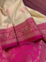 Beige and Hot Pink Banarasi Silk Saree with Muted Gold and Copper Zari Weave - Kaash