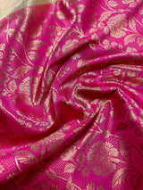 Beige and Hot Pink Banarasi Silk Saree with Muted Gold and Copper Zari Weave - Kaash