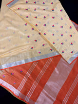 Beige & Orange Pure Linen saree in pure linen with floral embroidery with zari pallu — Kaash Collection