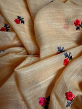 Beige & Orange Pure Linen saree in pure linen with floral embroidery with zari pallu — Kaash Collection