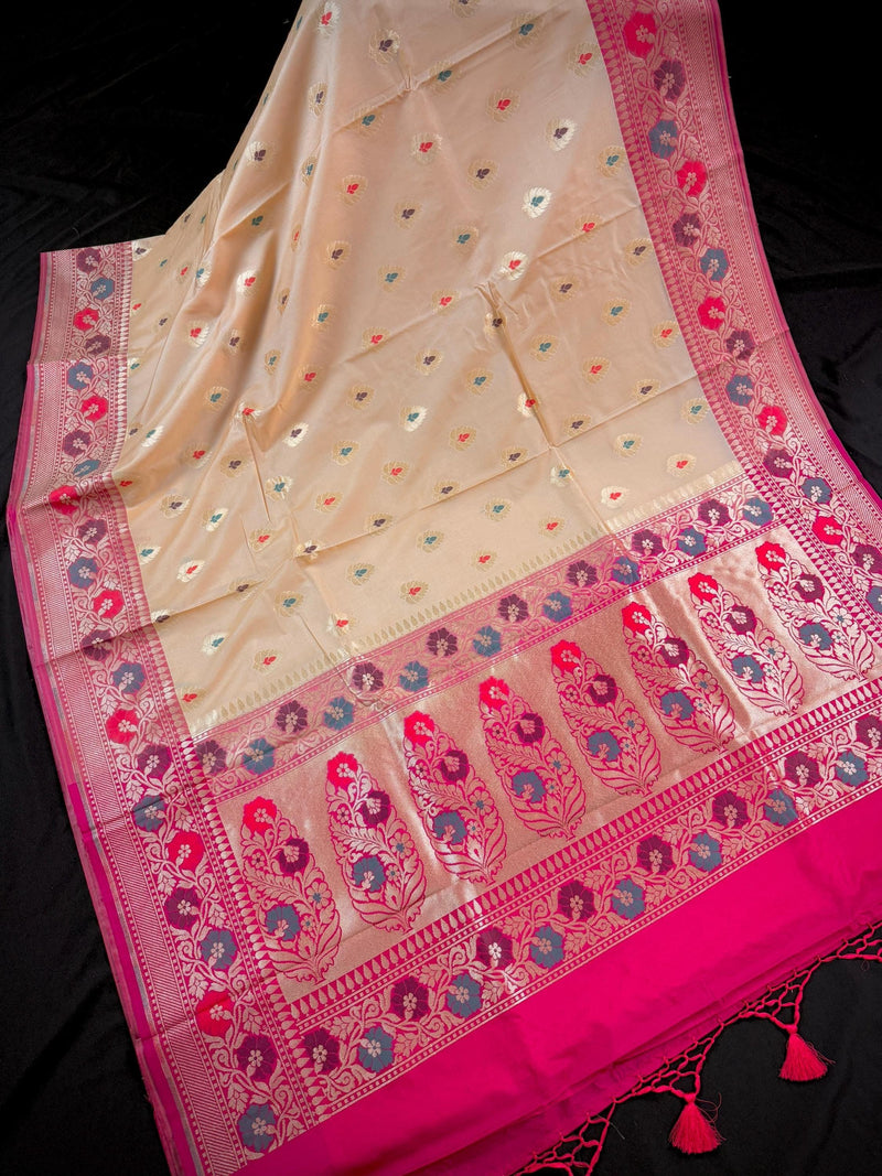 Beige Color Banarasi Silk Saree with Meenakari Work and Muted Zari Weave - Kaash