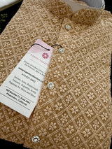 Beige men's kurta pajama in georgette with lucknowi chikankari embroidery — Kaash Collection