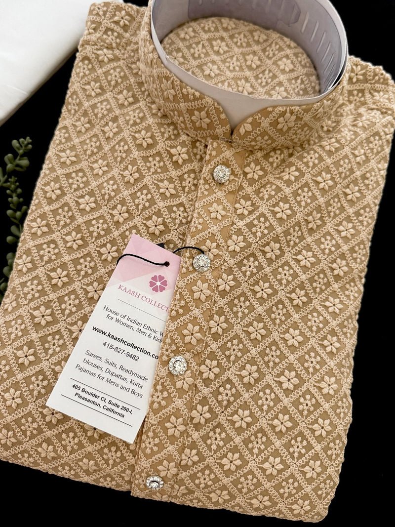 Beige men's kurta pajama in georgette with lucknowi chikankari embroidery — Kaash Collection