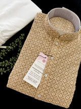 Beige men's kurta pajama in georgette with lucknowi chikankari embroidery — Kaash Collection