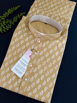 Beige men's kurta pajama in pure cotton with small gold parsley buttis on cotton — Kaash Collection