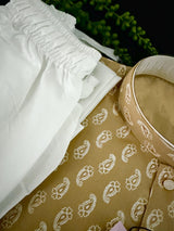 Beige men's kurta pajama in pure cotton with small gold parsley buttis on cotton — Kaash Collection