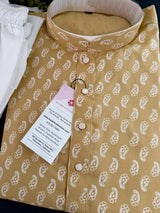 Beige men's kurta pajama in pure cotton with small gold parsley buttis on cotton — Kaash Collection