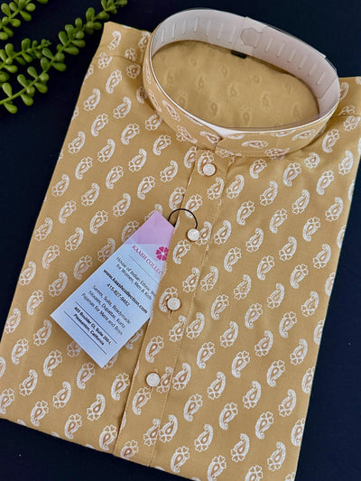 Beige Color Premium Pure Cotton Kurta Pajama Set for Men with small Self Parsley design Buttis - Kaash
