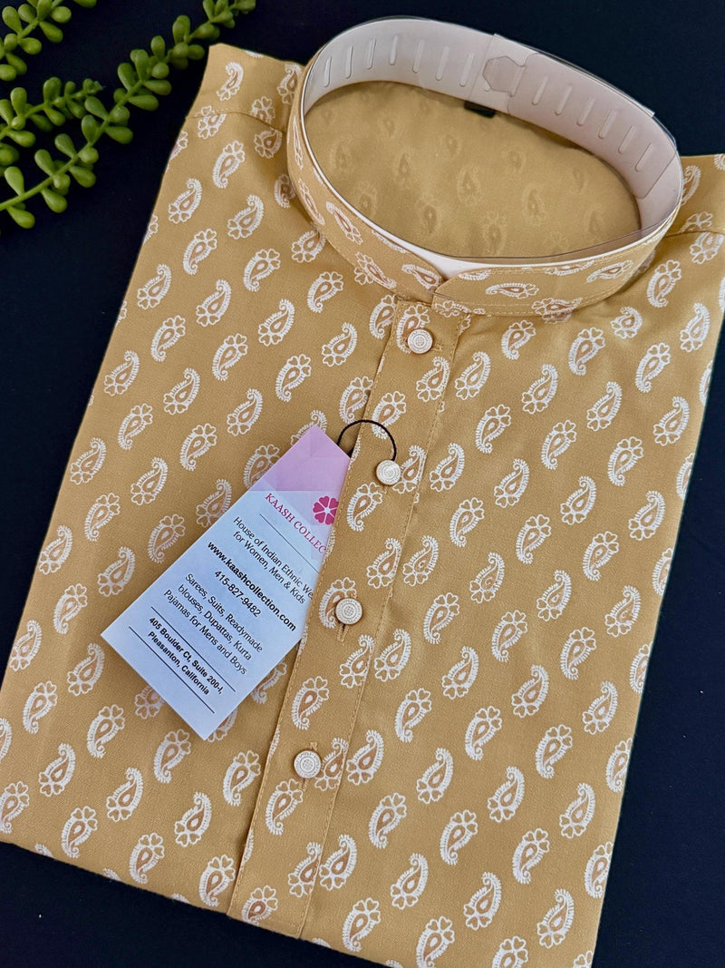 Beige men's kurta pajama in pure cotton with small gold parsley buttis on cotton — Kaash Collection