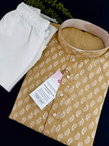 Beige men's kurta pajama in pure cotton with small gold parsley buttis on cotton — Kaash Collection