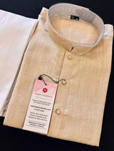 Beige men's kurta pajama in pure cotton silk with premium cotton silk with fancy buttons — Kaash Collection