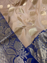 Beige Color Saree with Light Blue Border and Royal Blue Color Pallu - Soft Handloom Banarasi Silk Saree - Muted Gold Zari Weave - Kaash