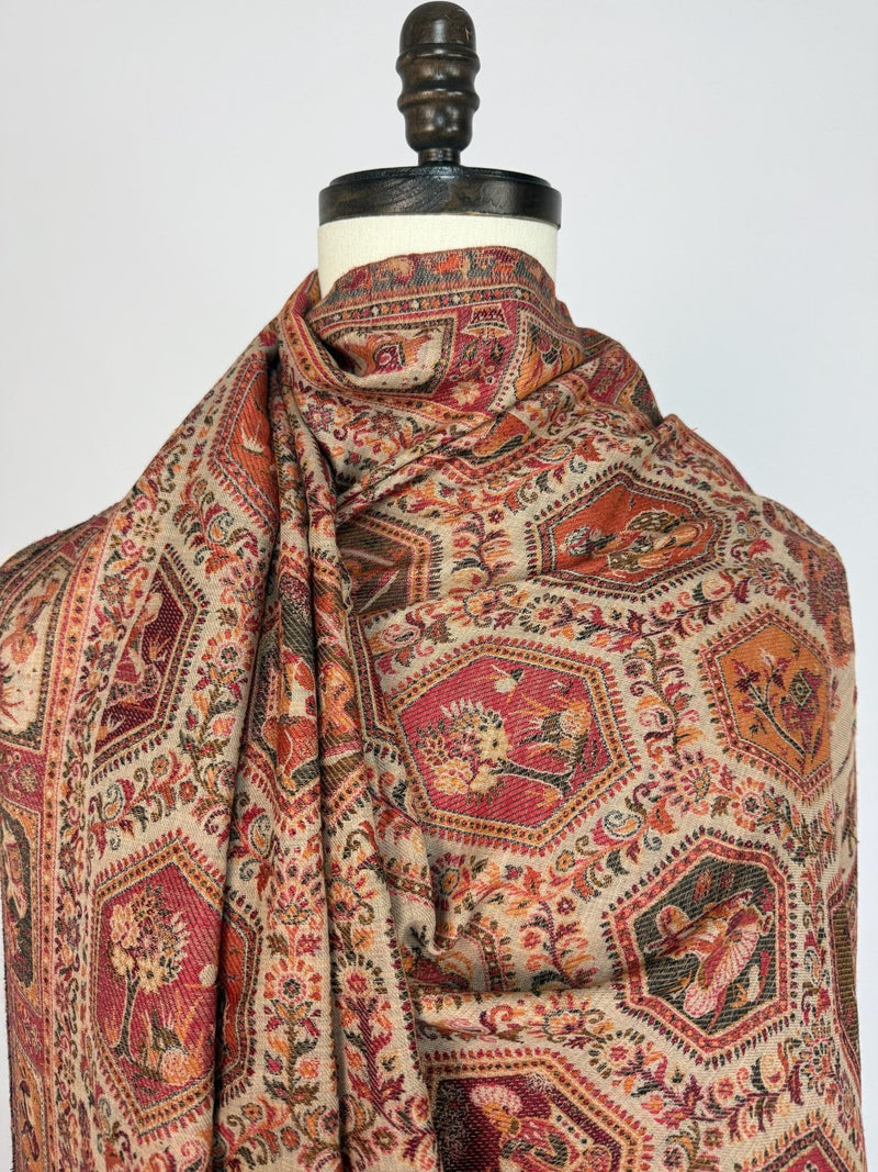 Beige soft pashmina Kashmiri shawl with kani weave, floral motifs — Kaash Collection